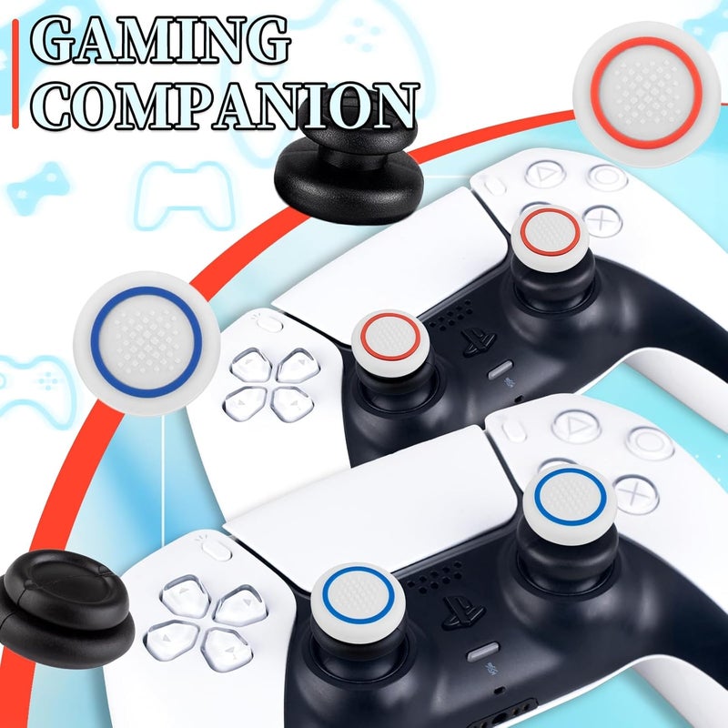 PlayRealm NO Falling Off Thumbstick Extender x 2 & Thumb Grip x 4 for PS5 & PS4 Controller (White Red & Blue Ring) - Image 2